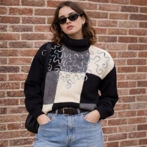 VTG 90s Angora Lambswool Sequin Colorblock Sweater M Monica Geller Friends Style